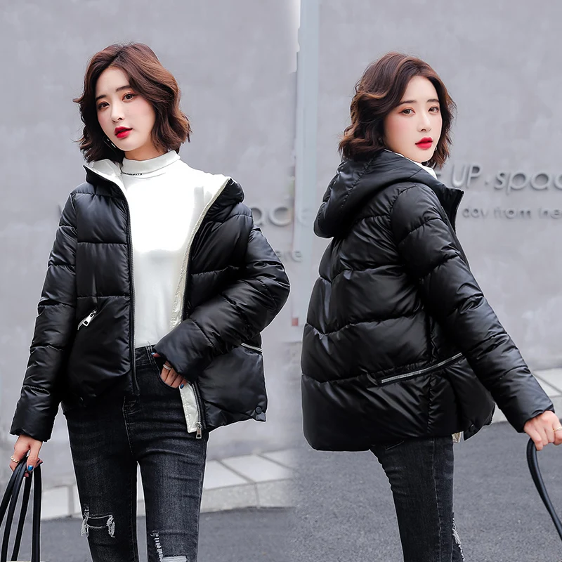

new Hooded Collar Winter Women's Thick Cotton Padded Jacket Glossy Warm Puffer Coat for Female pocket Zipper Parkas Outwear