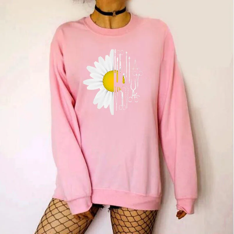 

Women Hoodie White Sunflower Printed Hoodies Women Fleece Long Sleeve O Neck Loose Sweatshirt Girls Pullovers Winter