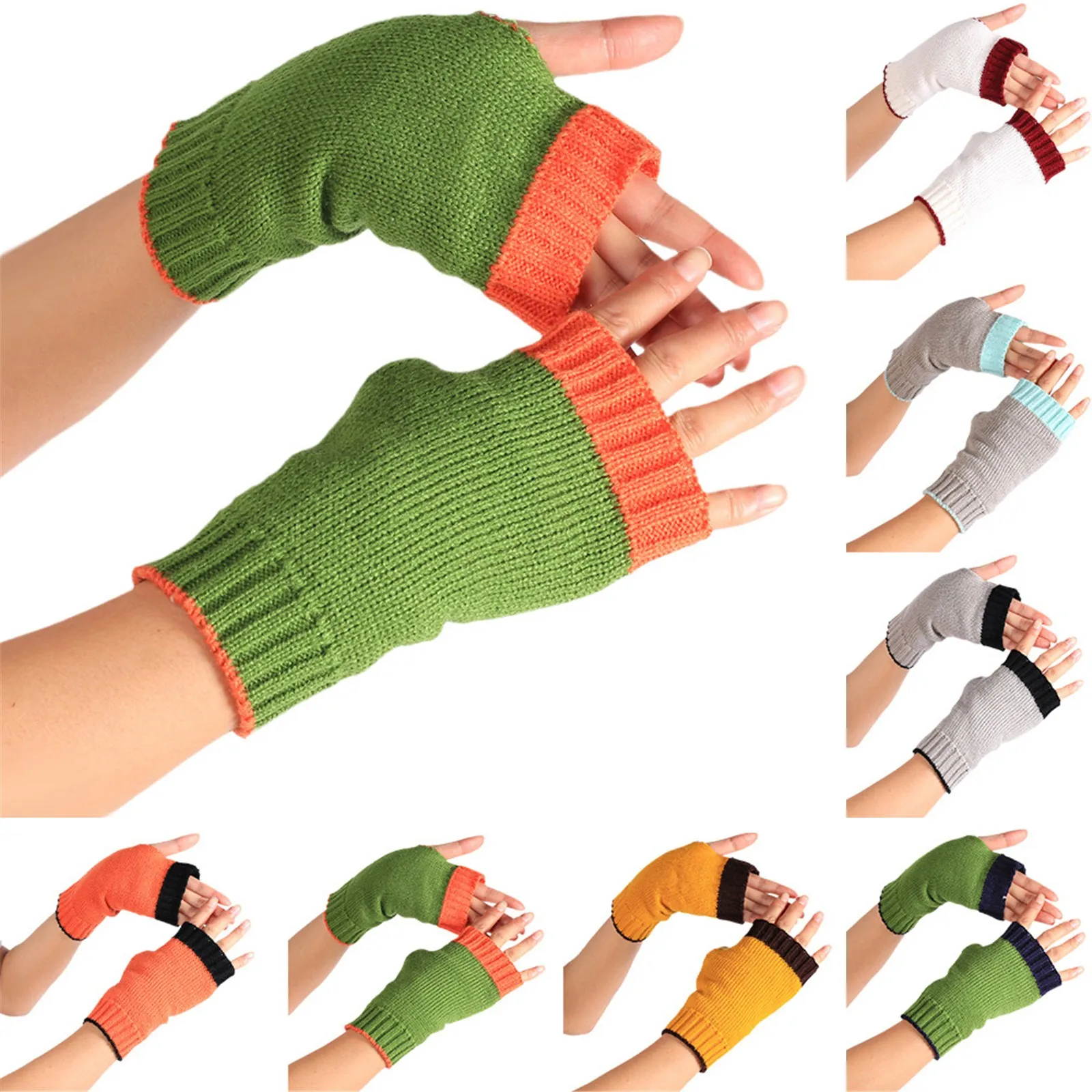 

1 Pair Winter Half Gloves Female Fingerless Gloves Color Splice Women Cashmere Warm Winter Gloves Hand Wrist Warmer Mittens