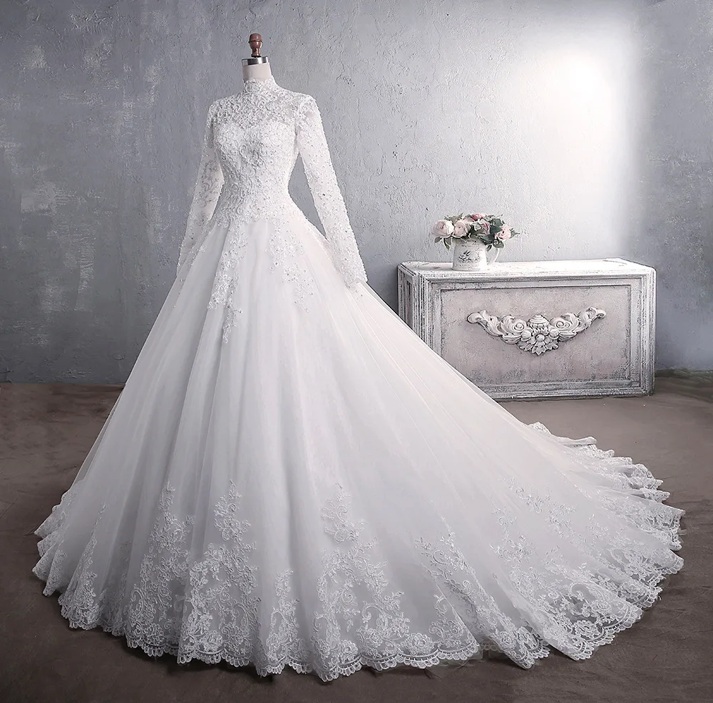 

Muslim Wedding Dress 2021 Elegant High Neck With Train Princess Bride Dress Luxury Lace Embroidery Wedding Gown Vestido De Noiva