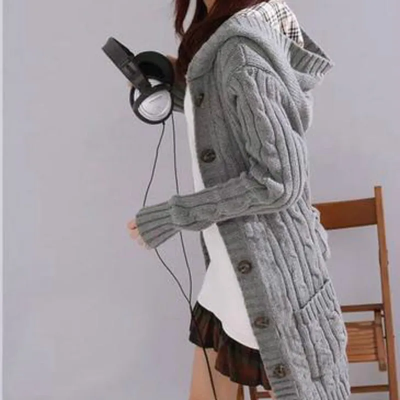 Hooded Knitted Cardigan Trench Coats Outwear Twisted Crocheted Sweater with Hat Belt Single-Breasted Long Sleeve Jacket Tops |