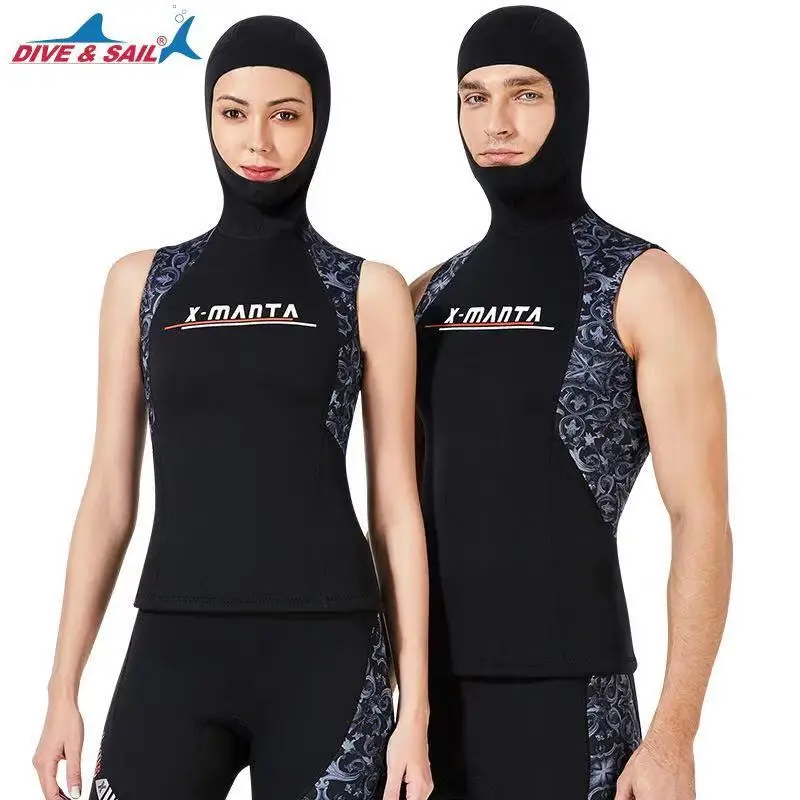 

Mens 3mm Neoprene Vest W/Hood Hooded Sleeveless Jacket Tops No Zip for Diving Surfing Swimming Sailing Slimming Sauna Workout