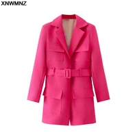 xnwmnz spring notched collar blazer women jacket belt slim long sleeve pocket no button style femenino office ladies loungewear