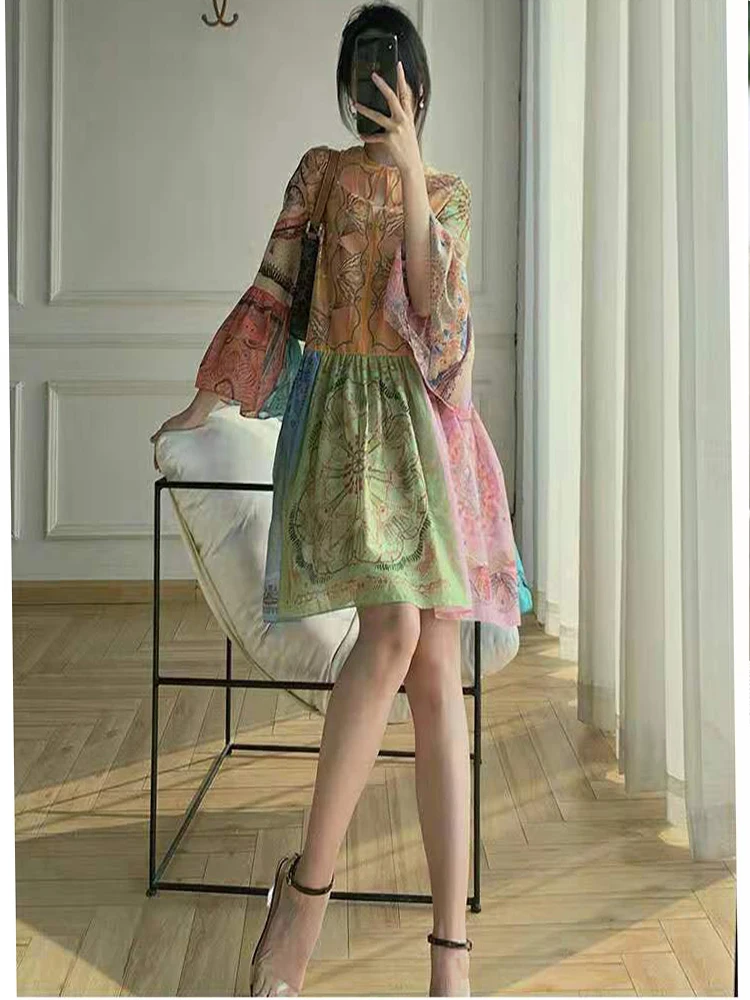 Summer Mini Dresses For Women 2021 Floral Dress With Flowers Pattern Women Midi Flare Sleeve O-neck Loose Elegant Slim Dress