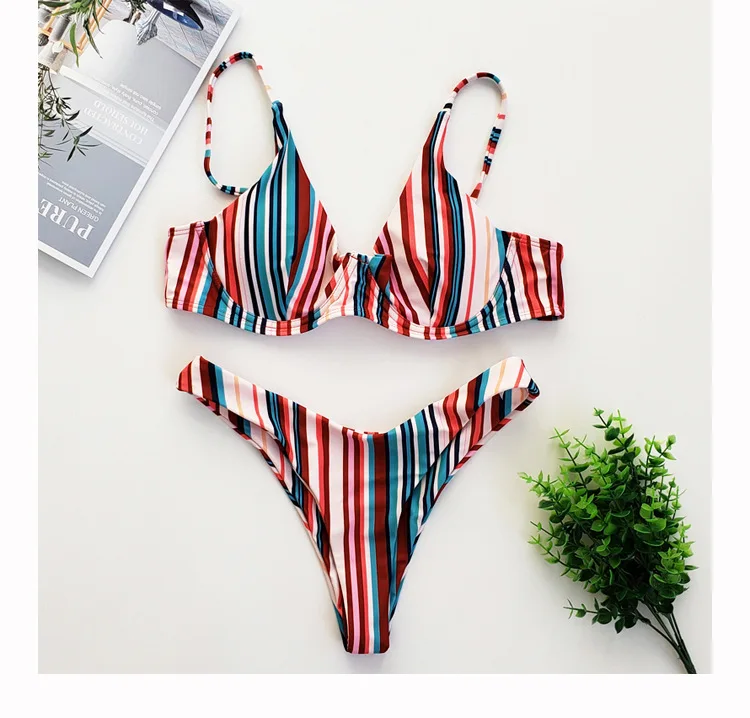 Сексуальный полосатый бразильский комплект бикини с пуш ап 2021 купальник на