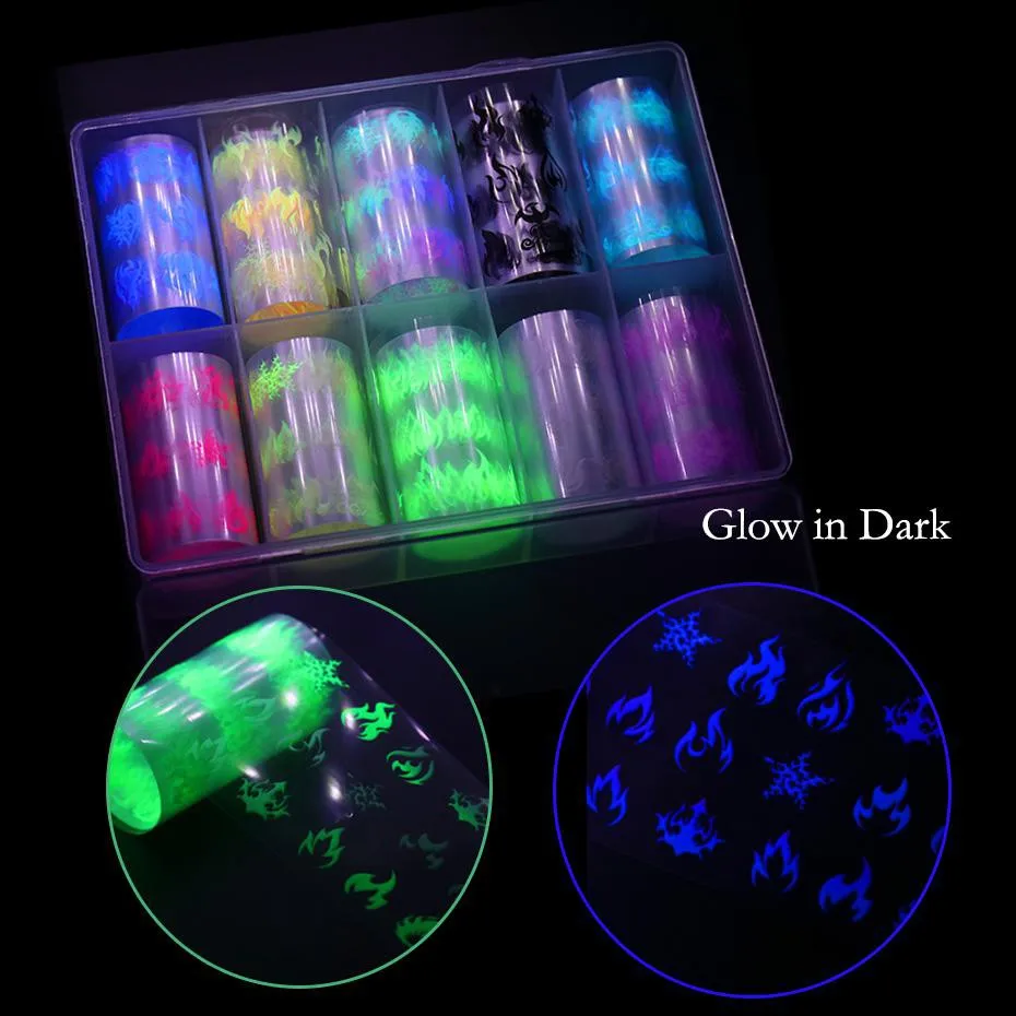 

10pcs Luminous Flame Nail Art Transfer Foil Stickers Holographic Starry Papers Wraps Adhesive Diy Manicure Accessories