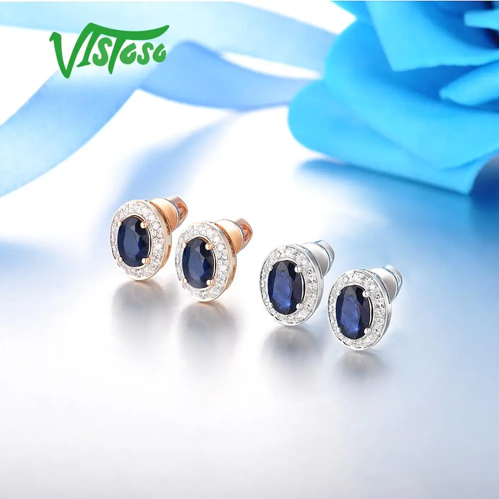 VISTOSO Pure 14K 585 роза/серьги из Белого Золота Шпилька для женщин Элегантный синий сапфир сверкающие бриллианты уникальные модные ювелирные изделия