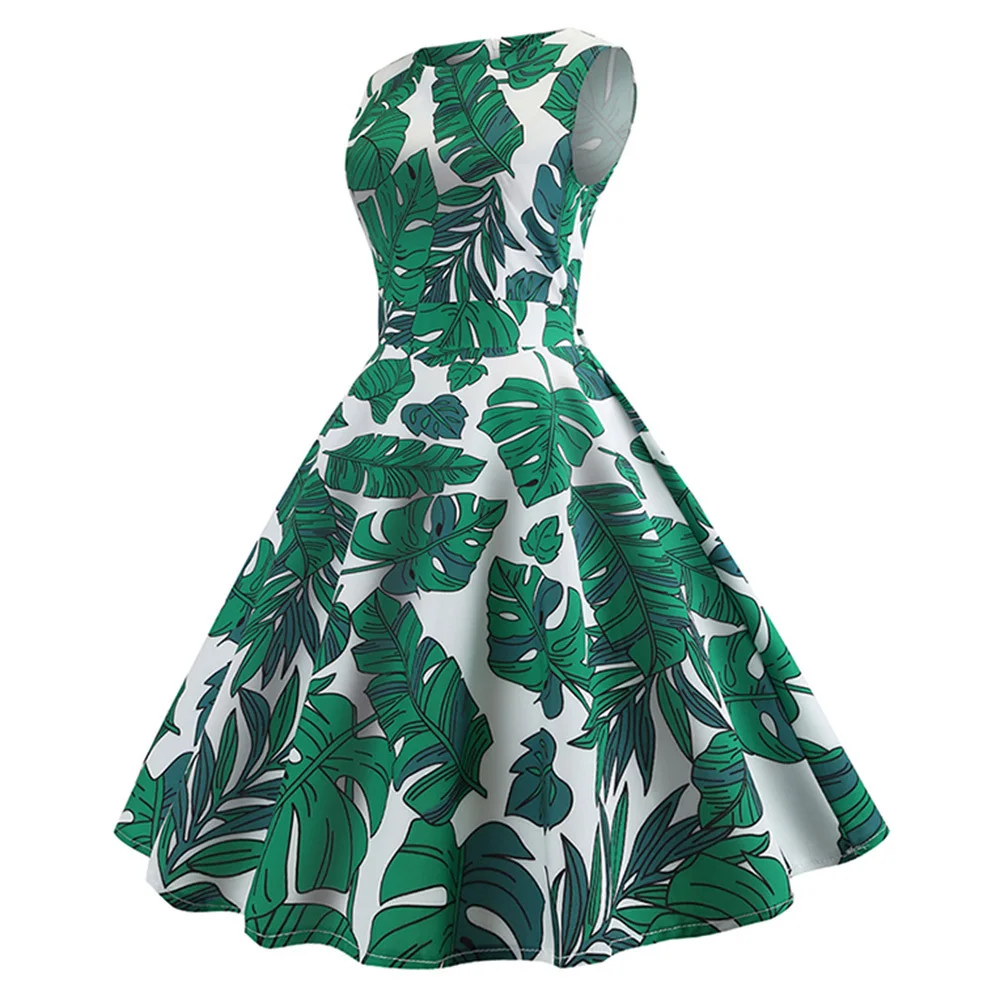 Летнее винтажное платье без рукавов с принтом тропических листьев зеленое в