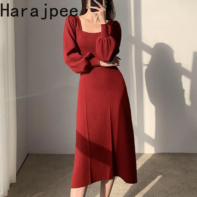 

Трикотажное платье в стиле харадзпи, свитер, однотонные платья во французском стиле с длинным рукавом, универсальные осенне-зимние новые пл...