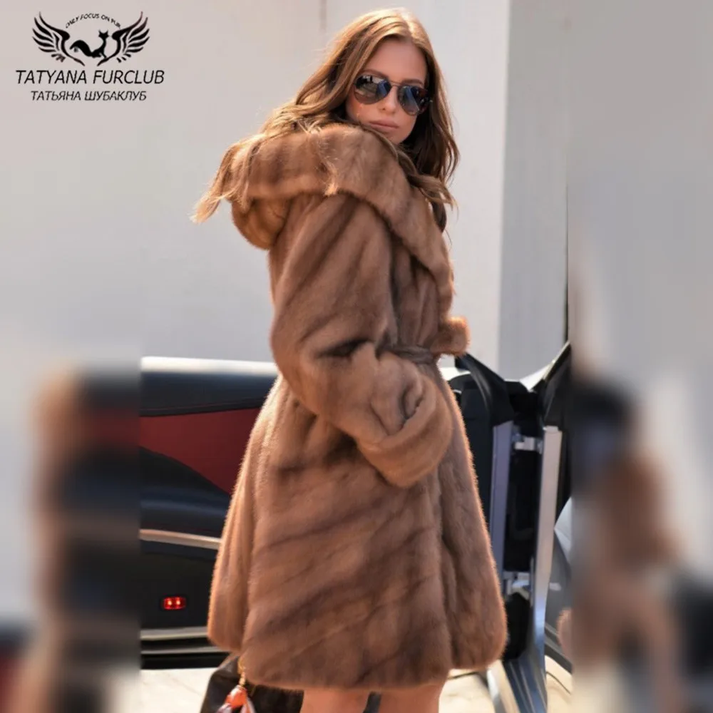 Шуба женская из натурального меха норки с капюшоном 90 см зима 2022 | Женская одежда