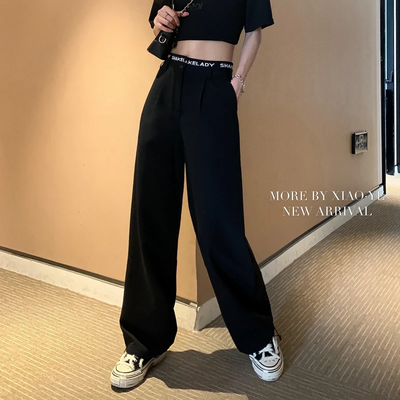 

Suit Casual Pants Women's Summer Thin Hong Kong Style High Waist Loose Straight Trousers Black Wide-Leg Drape Mop Pants