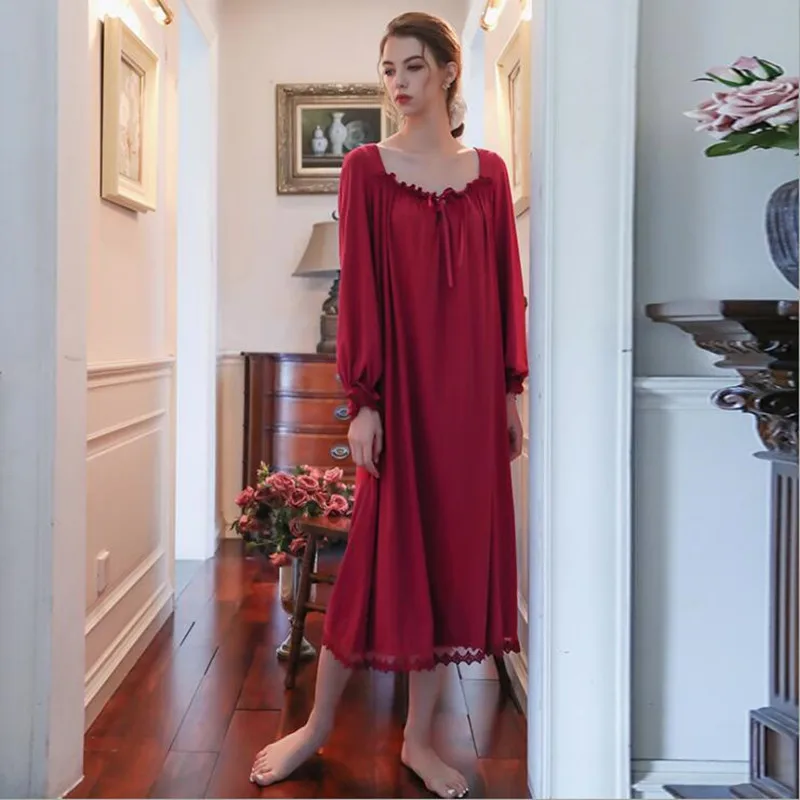 2021 Women White Nightgown Sleepwear Lady Spring Autumn Long Sleeve Nightdress Loose Princess Nightgowns Comfortable Pure Cotton