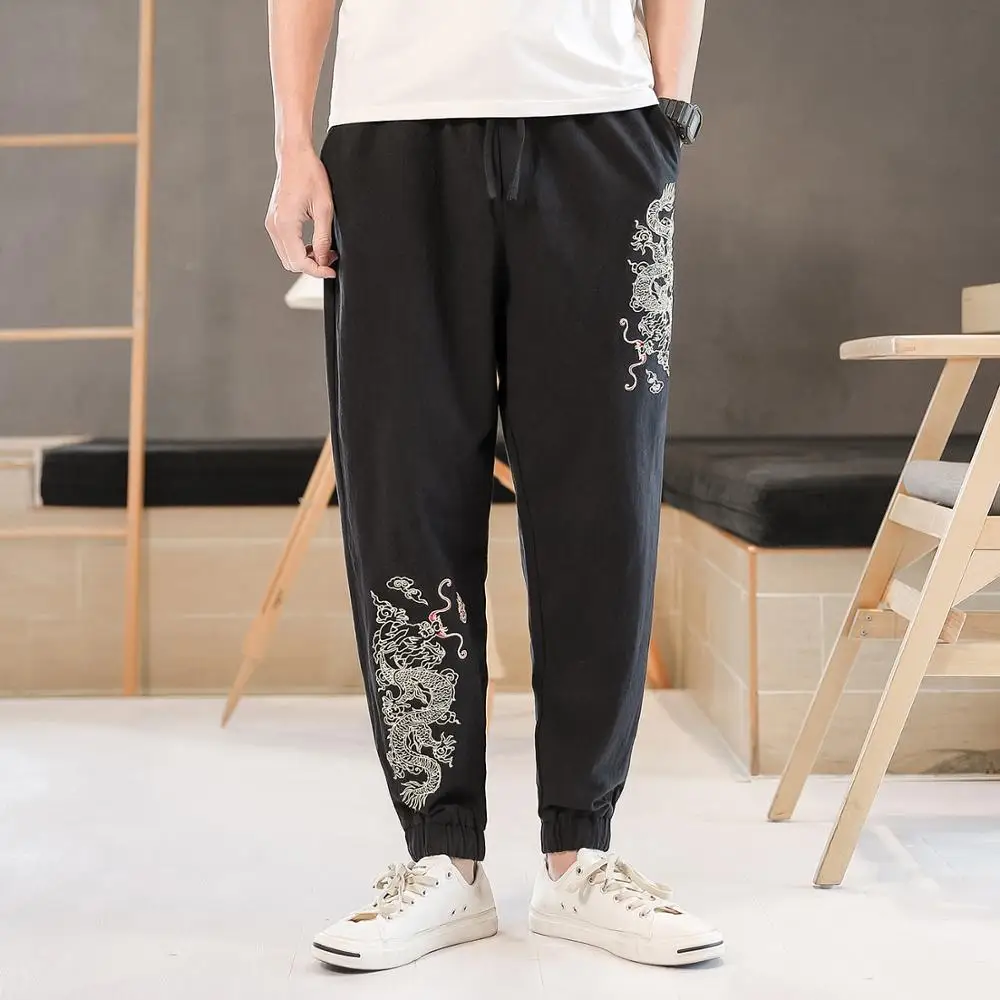 

Embroidery Linen Casual Pants Men's 2020 New Summer Chinese Style Loose Harem Pants Large Size Nine Points Pants Thin Beam Pants