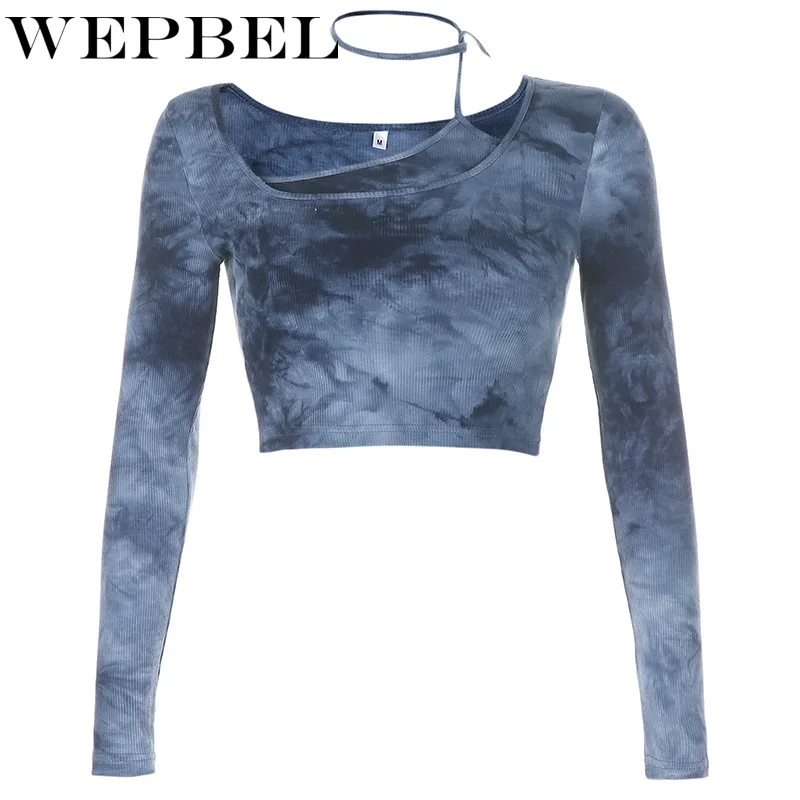 

WEPBEL Women Autumn Long Sleeve Tie Dye Print Short Shirt Casual Ladies Bandage Irregular Neck Crop Top