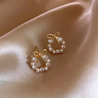 new crystal bow knot stud earrings for women pearl flowers rhinestone gold color earring christmas jewelry gifts