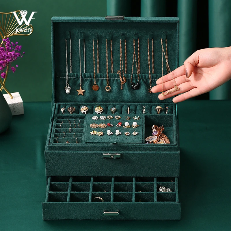 

New 3 layers Green Flannel Stud Jewelry Organizer Large Ring Necklace Makeup Holder Cases Velvet Jewelry Box with Lock Women