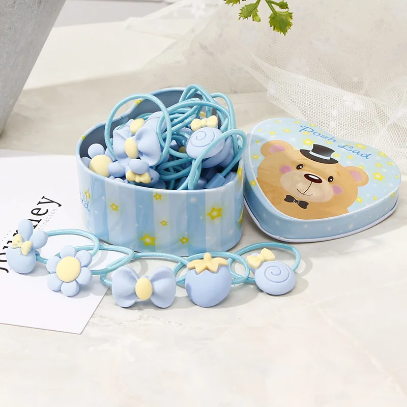 Bear Box Blue 20 шт./кор., цветные эластичные резинки для девочек, милые ленты для волос с цветочным рисунком, обруч со звездой, Детские аксессуары для волос головной убор - Цвет: Bear Box Blue