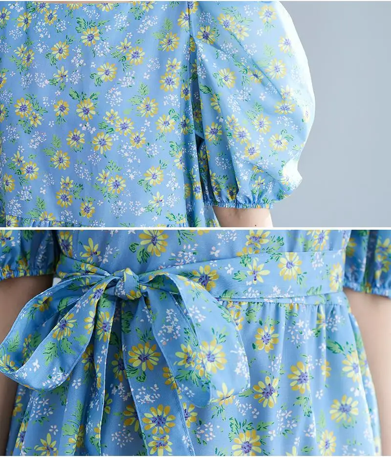 

MissLymi Vintage Puff Short Sleeve Vacation Beach Midi Dress 2021 Loose Floral Print Lace Up Waist Pleated Sweet Holiday Dress