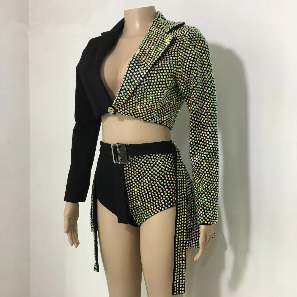 Sparkly AB Rhinestones Outfit Sexy Black Blazer Short Design Party 2 Pieces Set Dj Female Singer Nightclub Dance Skirt Costume | Дом и сад