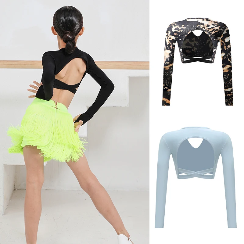 

Sexy Cross Strap V-Neck Top Long Sleeved Backless Latin Dance Costumes For Girls Children Chacha Samba Latin Dance Wear DQS7912