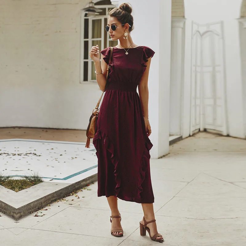 

2021 Spring Summer New Ladies Elegant Ruffles Print Dress Women Butterfly Sleeve Casual High Waist O-neck Dress