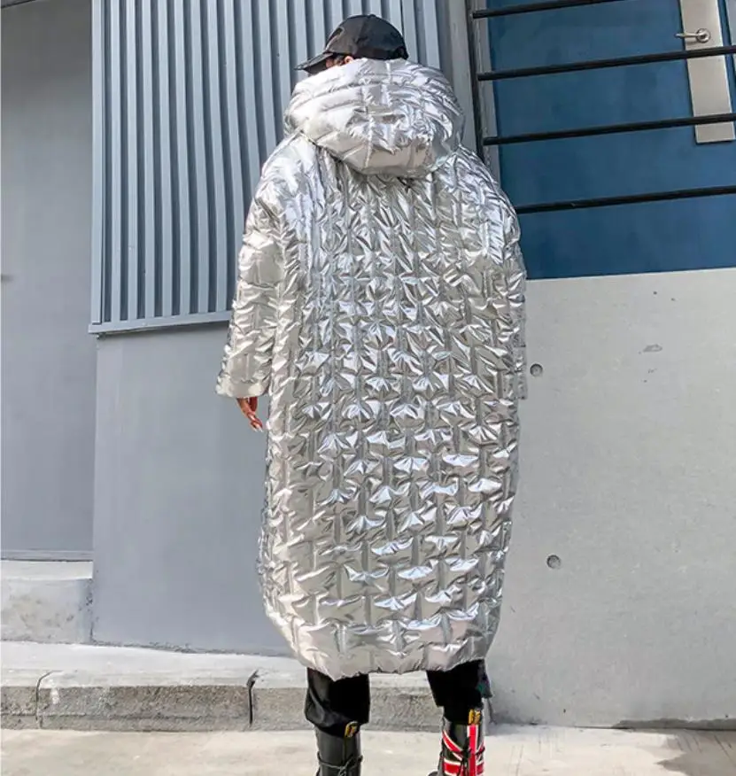 Зимний уличный стиль серебро фабричные блестящие плотное теплое пальто из