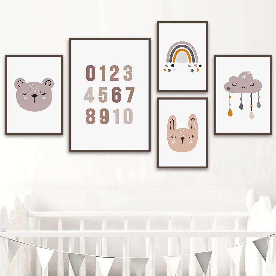 

Rainbow Clouds Bear Rabbit Digital Meter Wall Art Canvas Painting Nordic Posters And Prints Wall Pictures For Living Room Decor