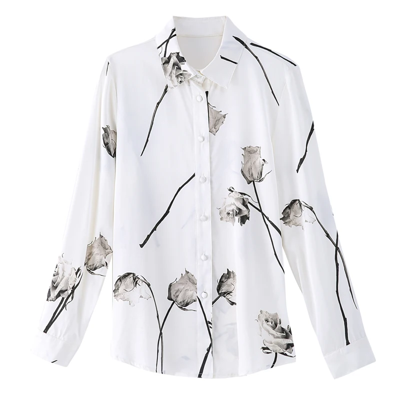 

JXMYY 2021 spring women's long-sleeved mulberry silk print fashion slim plus size blouse heavy silk shirt comfortable lapel show