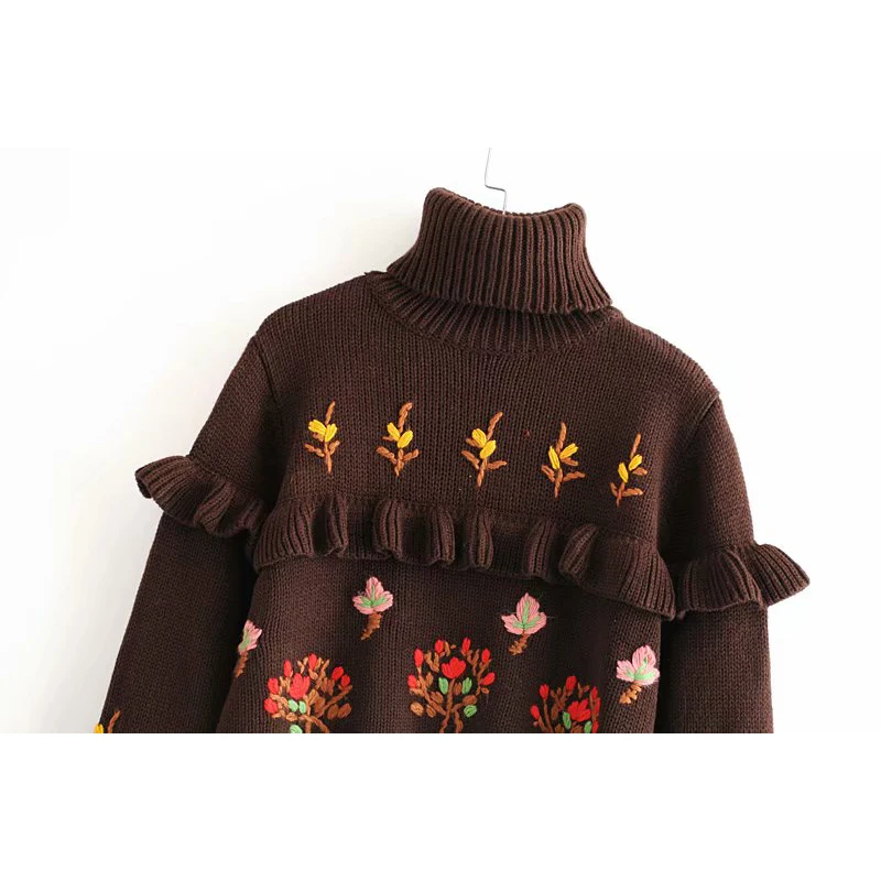 ZA 2019 Womens vintage turtleneck Sweater long sleeve Embroidered ruffles knit Pullovers Female stylish Jumper winter Tops | Женская