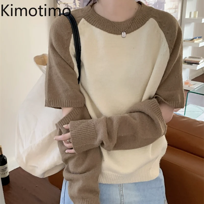 

Kimotimo Colorblock Sweater Women 2021 Autumn Winter Off-shoulder O-neck Knit Pullover Korean Chic Long Sleeve Design Sweaters