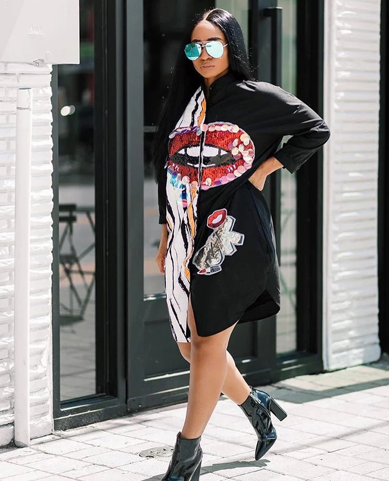 

Street wear Steam Punk Style Women Sexy Long sleeve Stand Collar Lips Sequined hippie Hip Hop front zipper shirt dresses