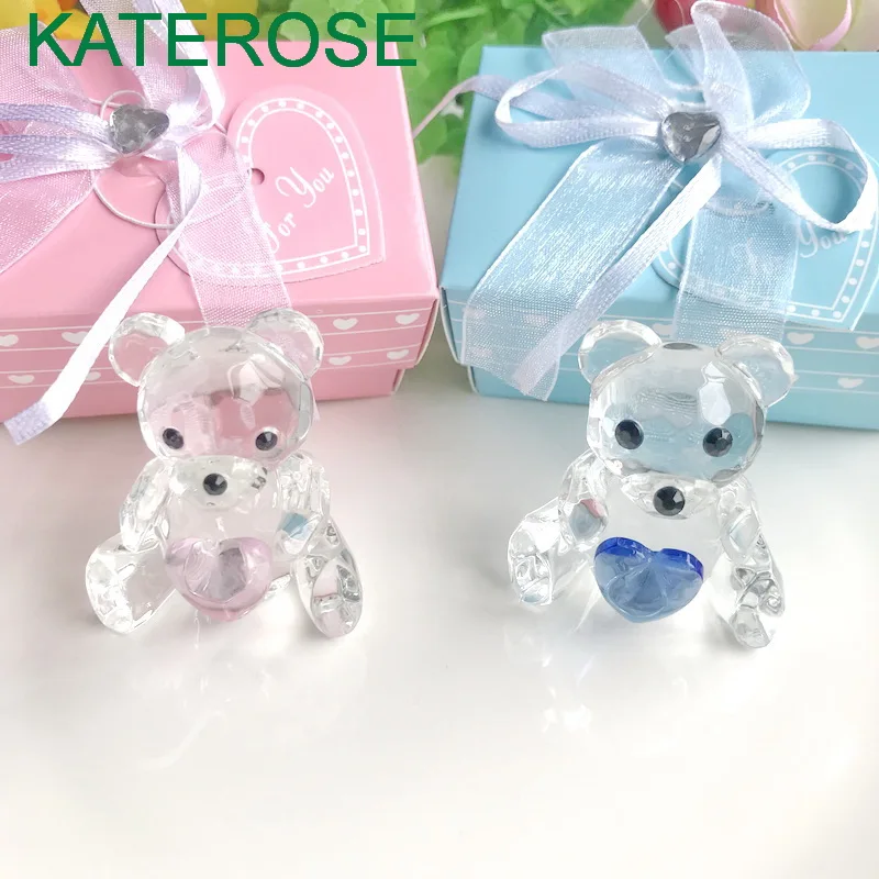 

50PCS Pink/Blue Crystal Teddy Bear Figurine In Gift Box Perfect For Baby Shower Favors Newborn Christening Baptism Gift To Guest