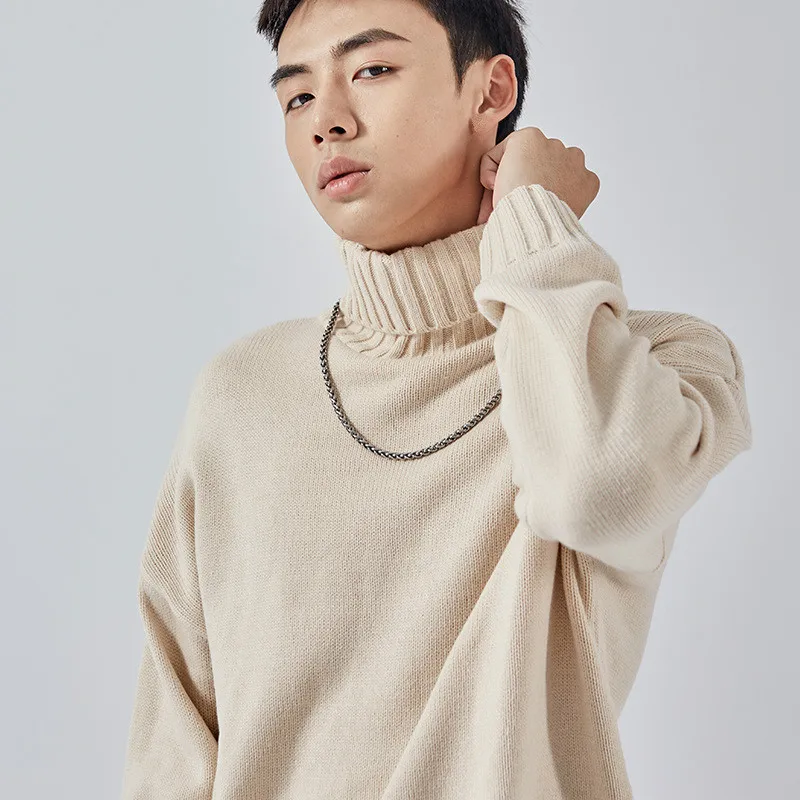 Свитер мужской вязаный с высоким воротом винтажный шерстяной пуловер оверсайз