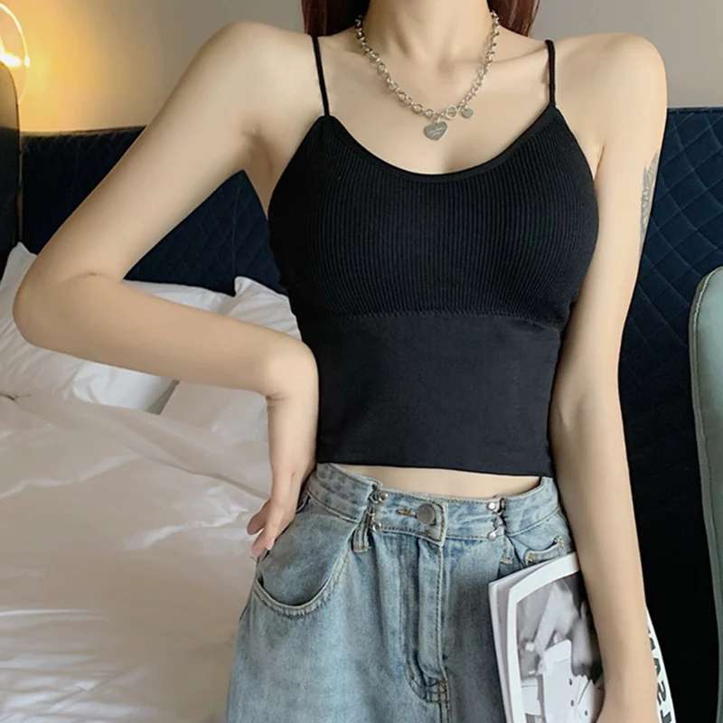 

Black White Cotton Women Crop Top 2021 Sexy Solid Short Vest Sleeveless V Neck Elasticity Soft Woman Tank Tops With Chest Pad
