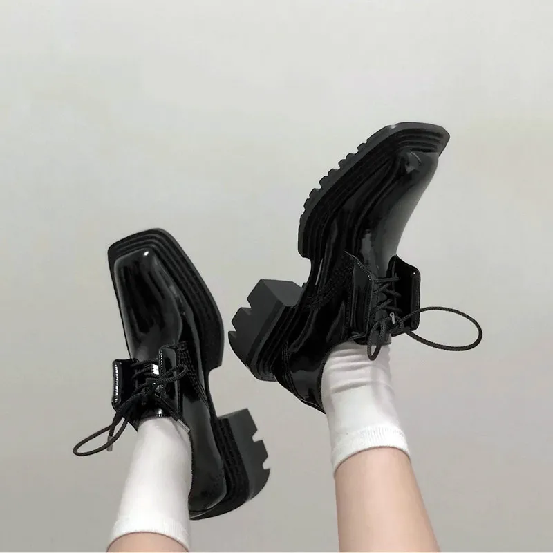 

Women's Square Toe Patent Leather Stylish Pumps Shoes Lace Up Black Color High Heels B14