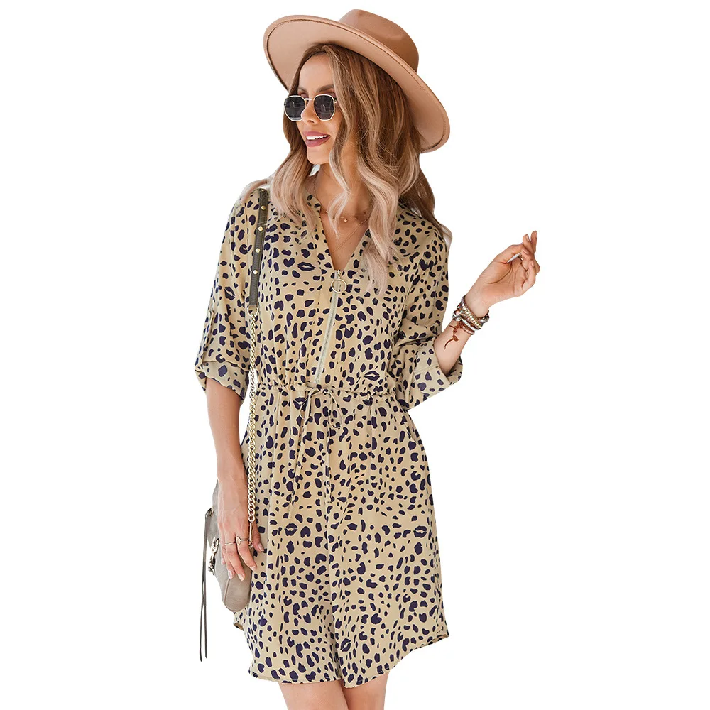 

Vetent Femme 2021 Fall / Winter Sexy V-neck Women's Dress Leopard Waist 7 / S A-line Skirt Printed Dresss