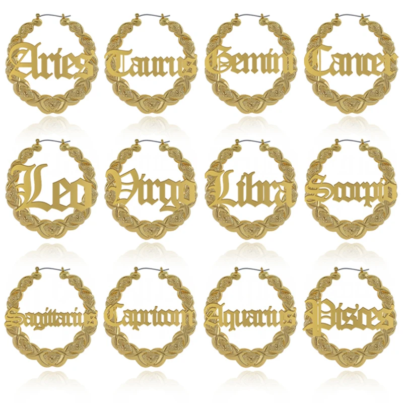 Custom Name 14k Gold Plated Old English Font Personalized Custom 12 Zodiac Name Horoscope xoxo Bamboo Large Size Hoop Earrings