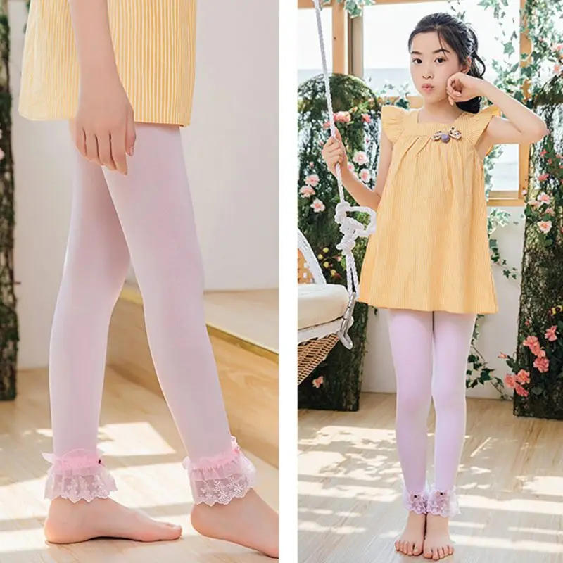 Леггинсы для девочек Однотонные эластичные с кружевной отделкой бантом до