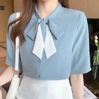 2022 summer white chiffon blouses women clothes fashion bow button loose short sleeve shirts all match ladies tops blouses femme
