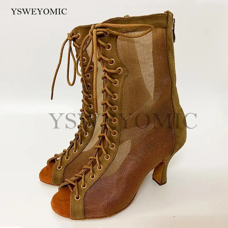 Женские сетчатые туфли для латиноамериканских танцев на высоком каблуке мягкие