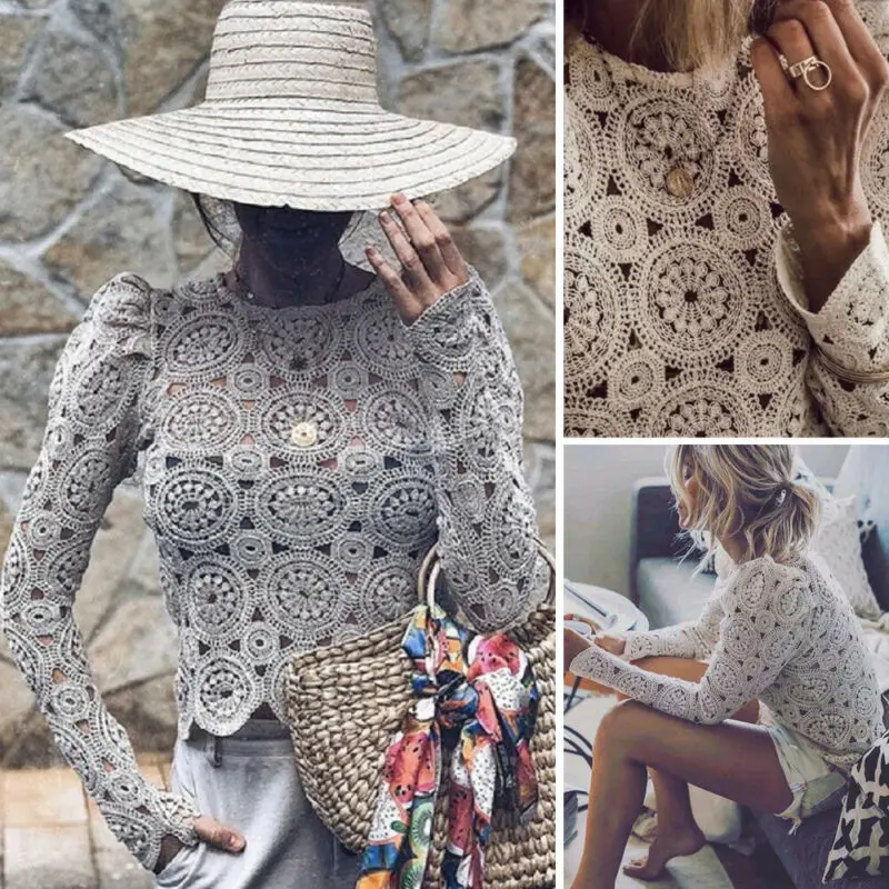 

Fashion Ladies Round Neck Lace Long Puff Sleeve Floral Shirt Women Pullover