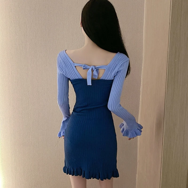 

Spring Autumn Tight-fitting Knitted Dress Women Slim Square Collar Ruffled Long Sleeve Dress Women Dress Vestidos