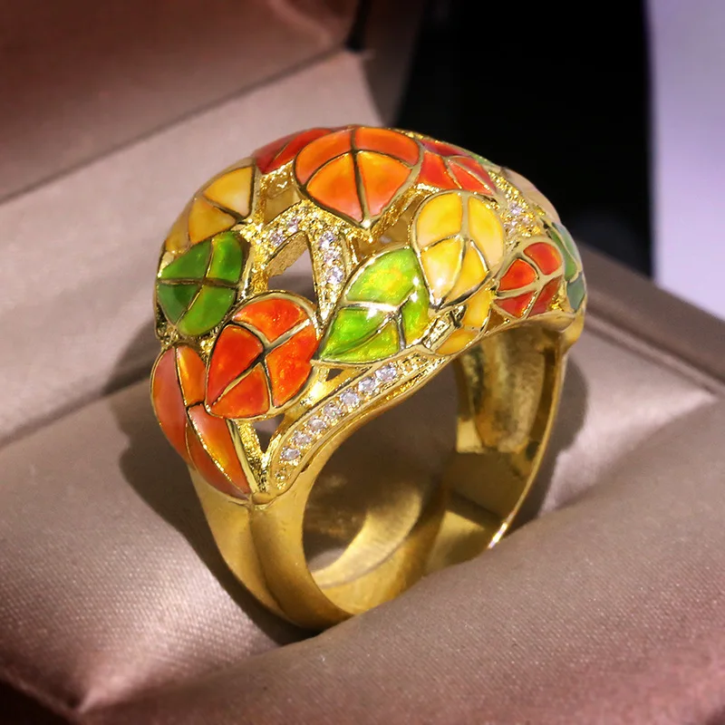 

Elegant Boho Style Colorful Leaves Enamel Ladies Ring Shiny Zircon Crystal Inlaid Wedding Fashion Jewelry Flower Women