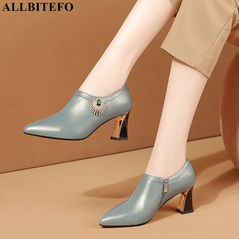 

ALLBITEFO Size 33-42 Beautiful Rhinestone Genuine Leather High Heel Shoes Fashion Club Party Wedding Women Heels Shoes Pumps