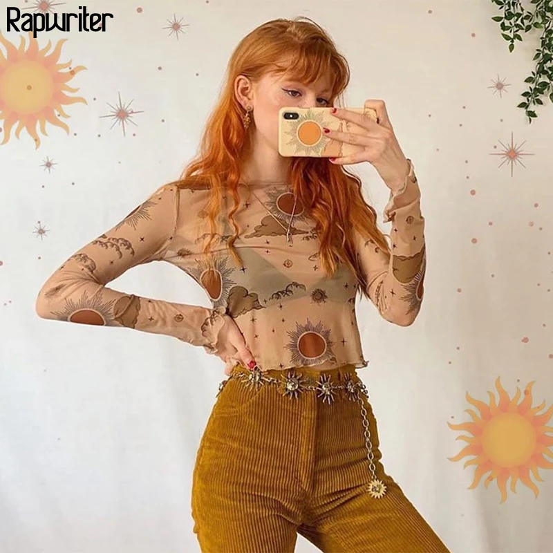 Rapwriter Sun Moon печати сетки сексуальные футболки женские узкие укороченный топ 2020