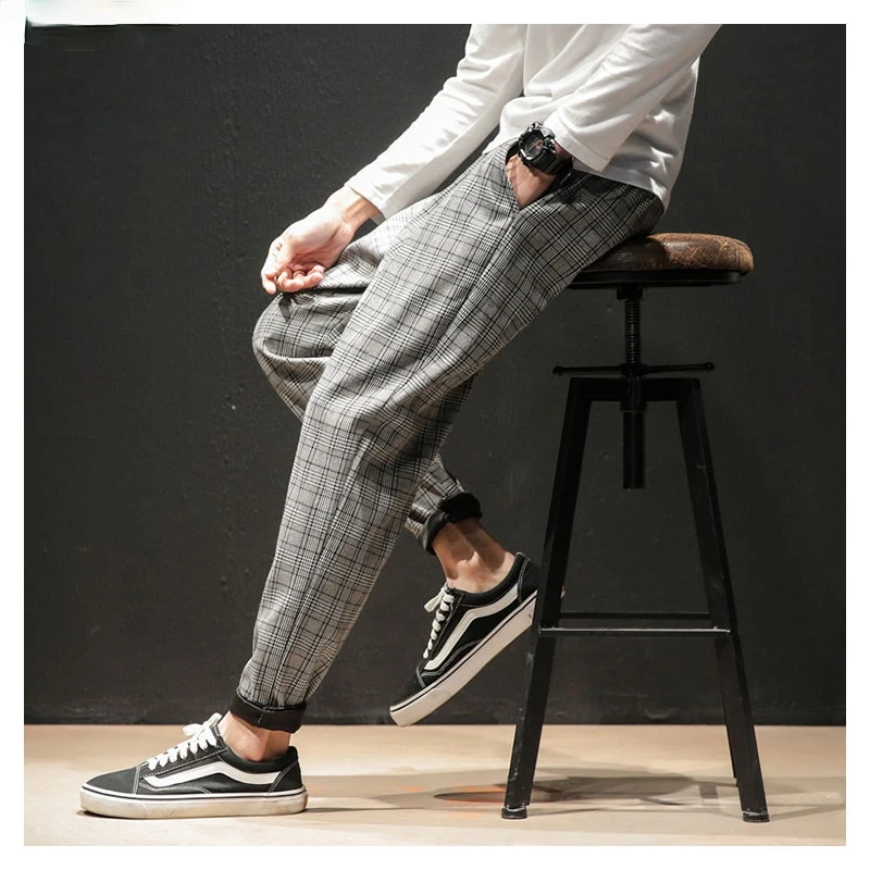 

Japanese Streerwear Men Plaid Pants 2020 Autumn Fashion Slim Man Casual Trousers Korean Male Harem Pants