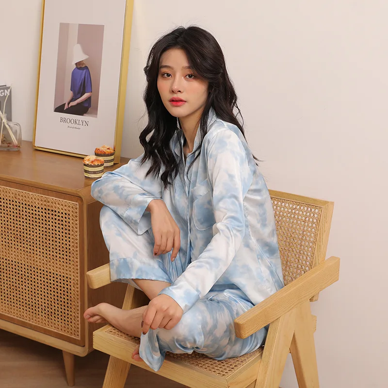 

Lapel Nightwear Satin Femme 2PCS Pajamas Suit Casual Long Sleeve Sleepwear Tie Dye Home Clothes With Buttons Women Pyjamas
