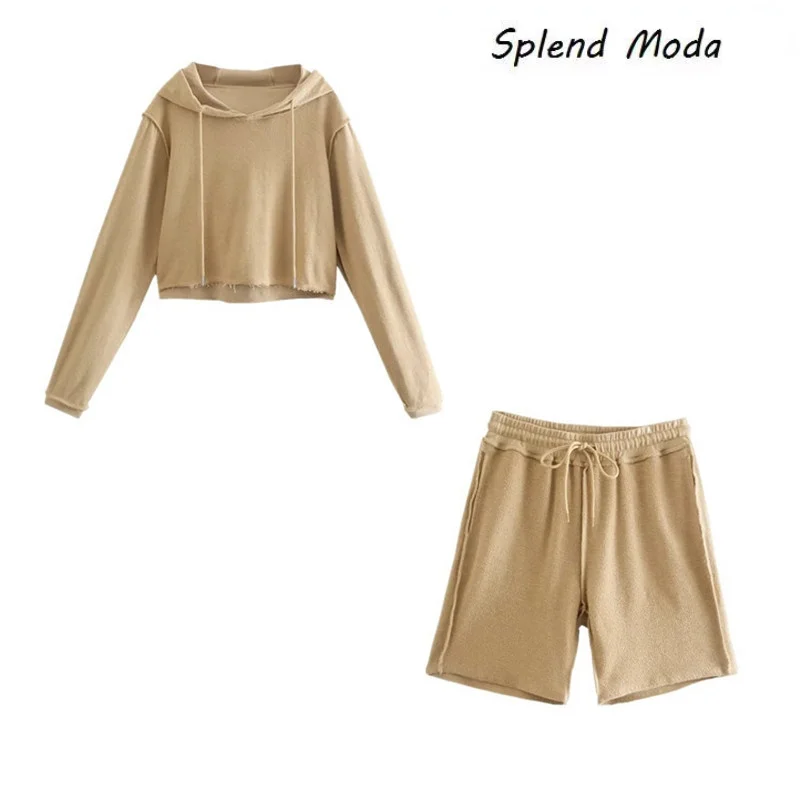 

Splend Moda Fashion Suit Women Spring Autumn 2021 New Reverse Wear Short Hooded Hoodie Crop Top + Sports Shorts Two-Piece Suit