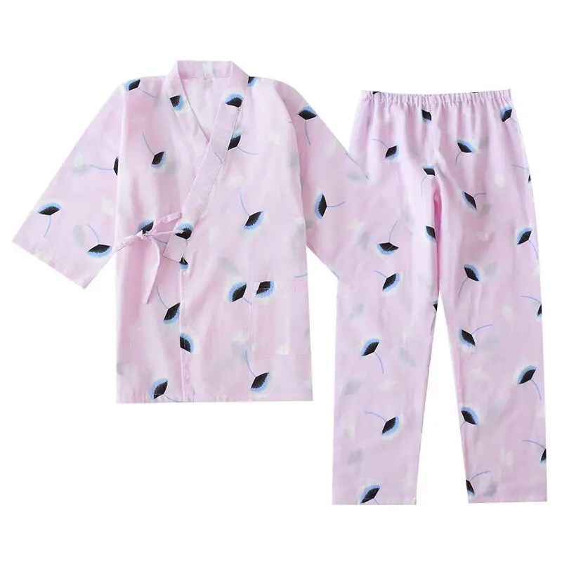 

Spring Autumn Women Pajamas Sets Cotton Gauze kimono Tops+Pants Sleepwear mujer Nightwear pyjama femme Hot New
