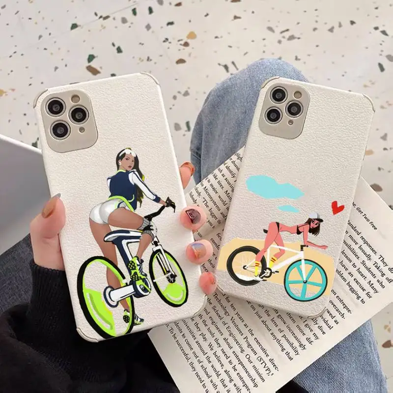 

Cartoon cycling girl Phone Case Lambskin Leather For iphone 12 11 8 7 6 XR X XS PLUS MINI PLUS PRO MAX Shockproof